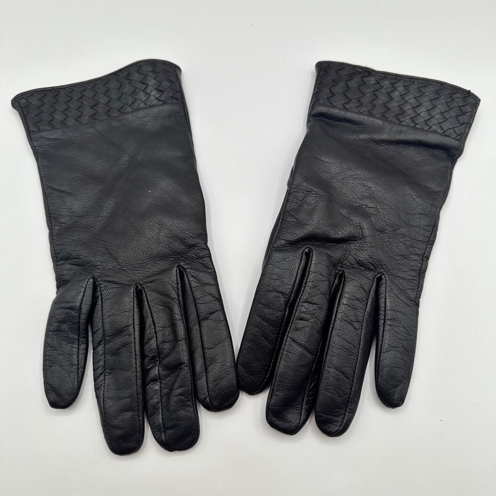 Willi Smith Gloves Leather Black Size M Cashmere Lined Woven Cuff Designer